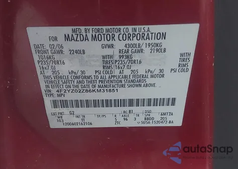 2006 Mazda Tribute I из США, поврежденный, VIN 4F2YZ02Z86KM31851